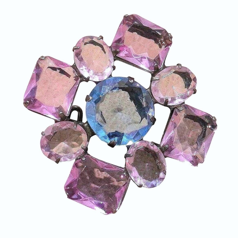 Antique Sterling Silver Arts & Crafts Aqua & Purple Paste Stone Glass Brooch Pin